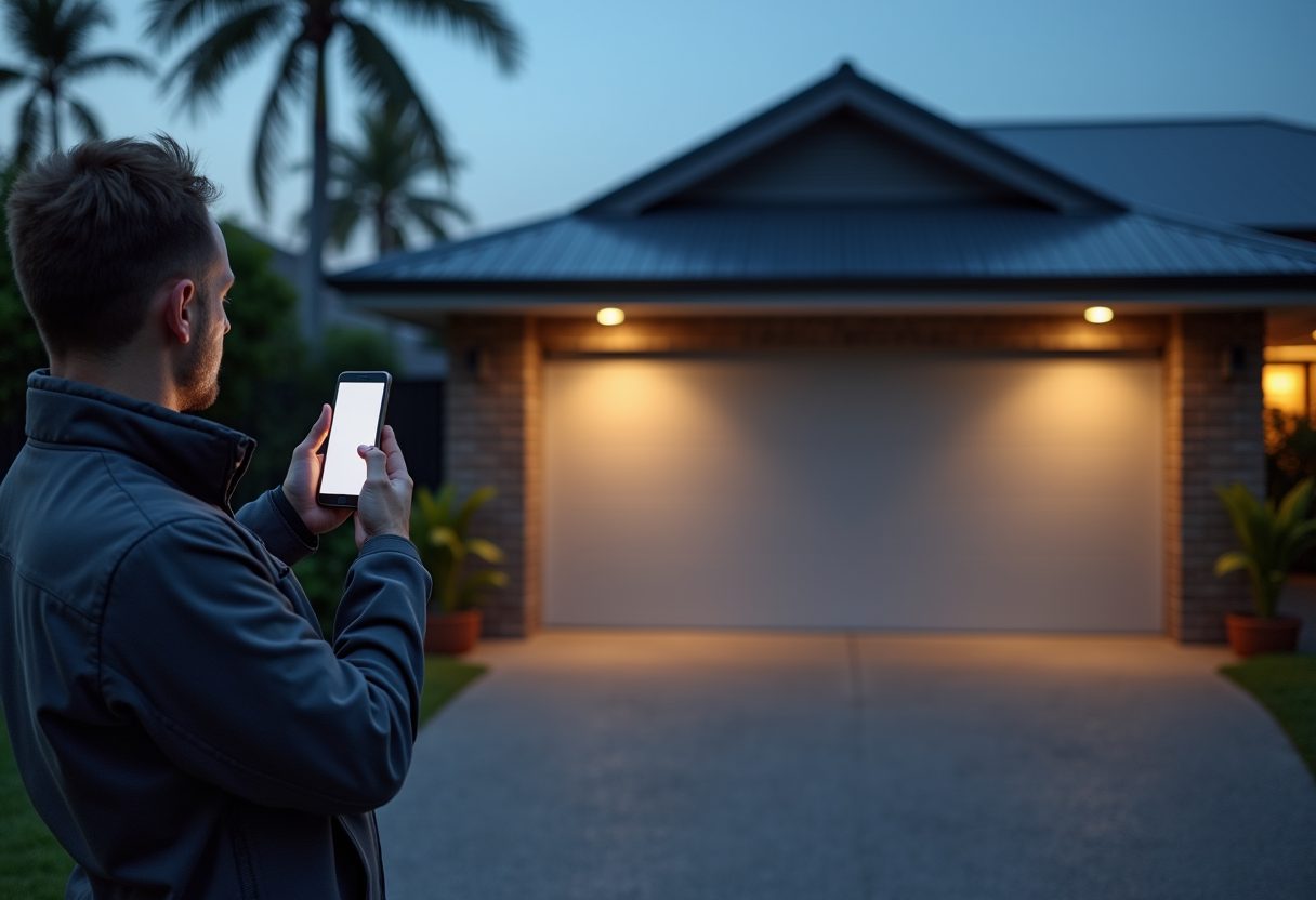 Smart garage door opener installation at dusk — Molendinar